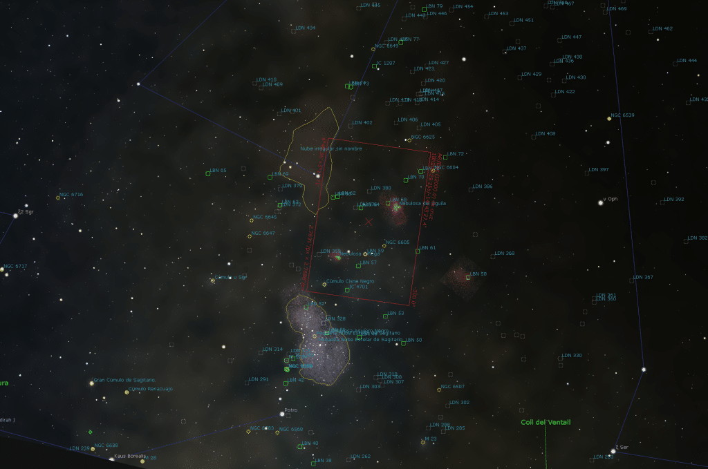 Simulación de encuadre de la Nebulosa de Orión en Stellarium configurado con cámara y telescopio.