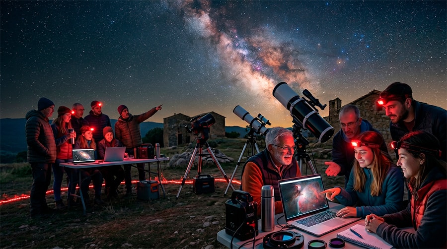 Grupo de aficionados en una star party nocturna compartiendo conocimientos junto a sus telescopios bajo la Vía Láctea.
