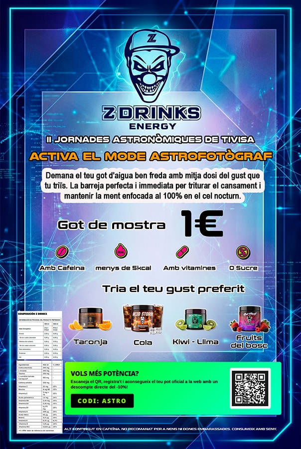 Cartell promocional de Z-Drinks Energy, beguda energètica oficial per a astrofotògrafs a les Jornades de Tivissa.