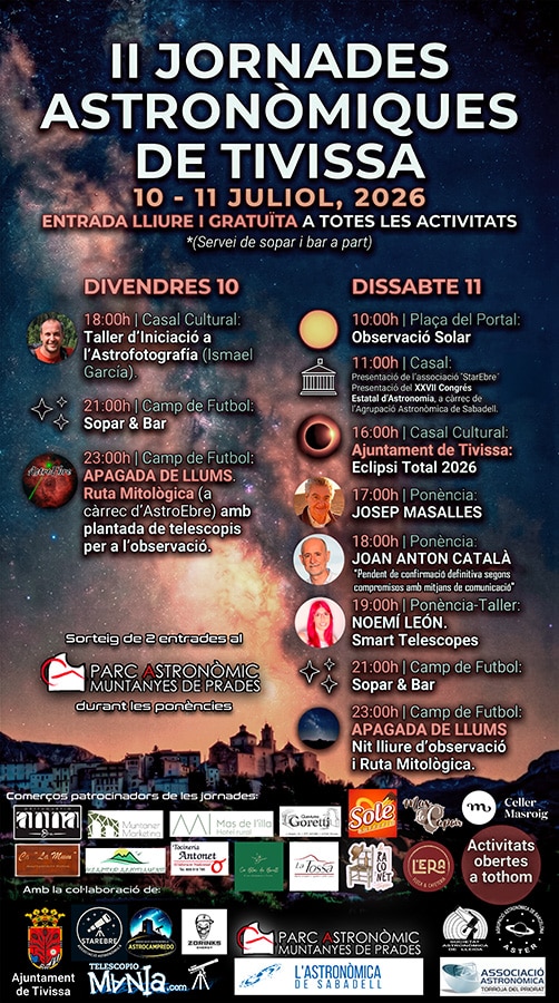 Cartell oficial de les II Jornades Astronòmiques de Tivissa 2026 amb el programa d'activitats del 10 i 11 de juliol.