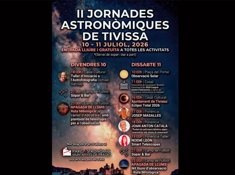 Cartell oficial de les II Jornades Astronòmiques de Tivissa 2026 amb el programa d'activitats del 10 i 11 de juliol.