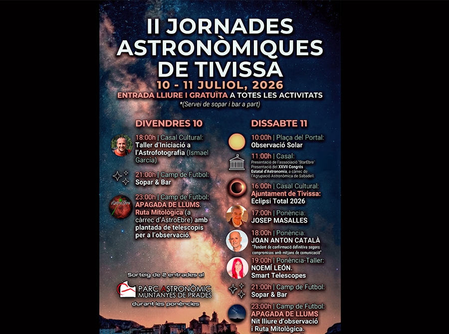 Cartell oficial de les II Jornades Astronòmiques de Tivissa 2026 amb el programa d'activitats del 10 i 11 de juliol.