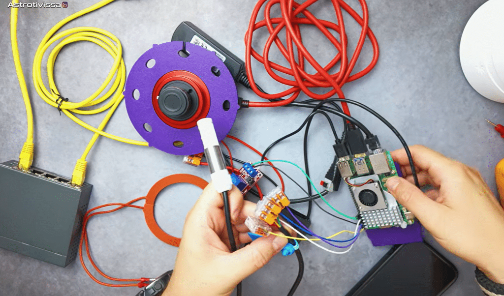 Cableado interno de la cámara All-Sky mostrando la Raspberry Pi 5, el splitter PoE, relé de 12V y conversores de voltaje conectados con clemas Wago.