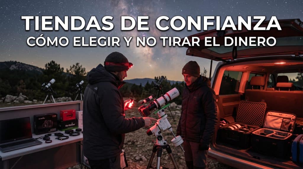 Marc de Astrotivissa asesorando a un aficionado con su telescopio en el campo de noche al lado de un vehículo con material especializado para astrofotografía.